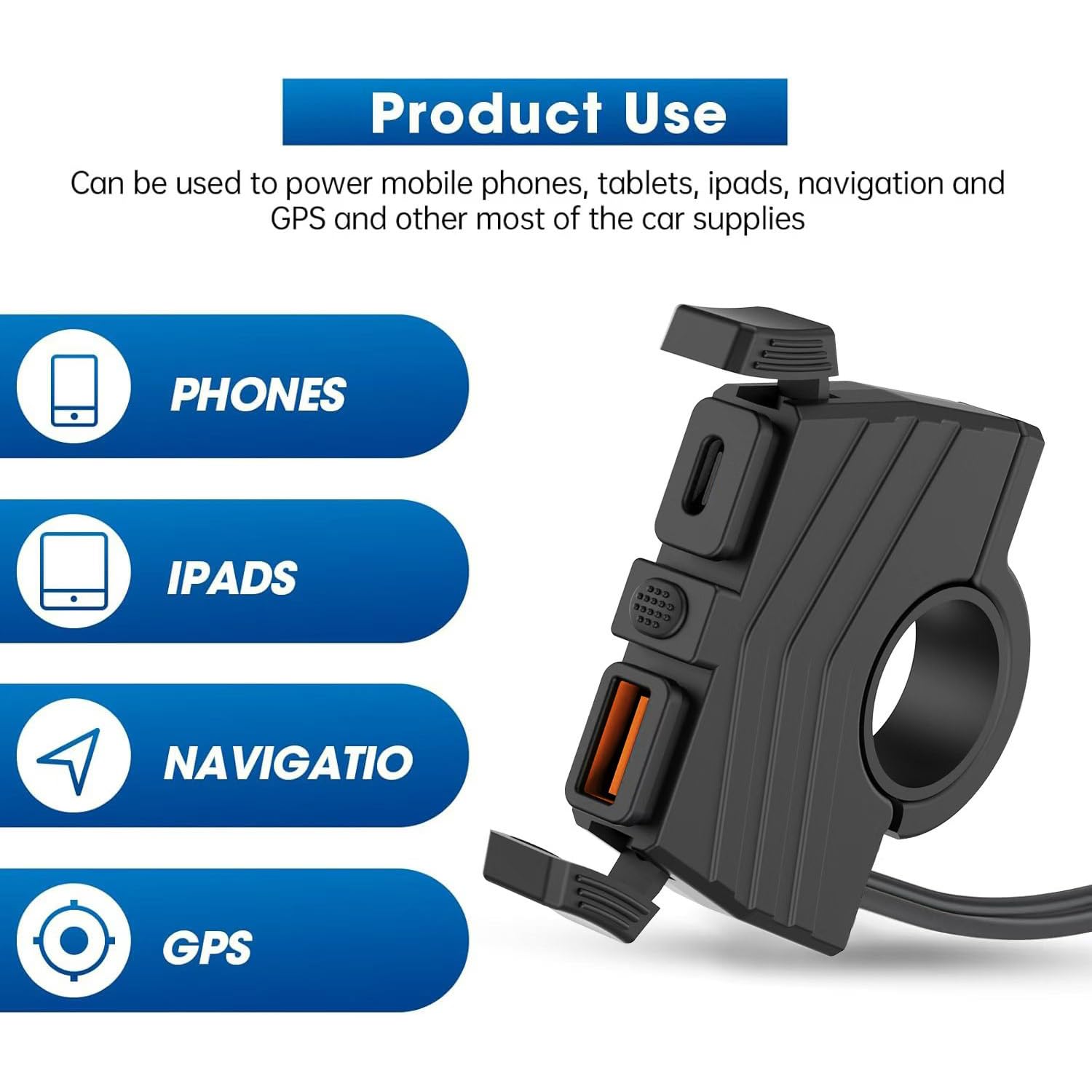HAOQUOOU Motorcycle Phone Charger,Waterproof Dual USB Fast Charge Motorcycle Charger, 30W PD Type-C + 18W QC3.0 USB-A, with On/Off Switch, Compatible with Mobile Phones/Tablets/GPS and Other Devices