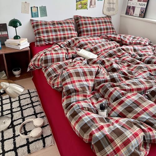 Image of MKXI King Buffalo Plaid Duvet Cover Set 3-Piece, Lightweight Washed Cotton Farmhouse Bedding, Brown Red Blue Plaid Comforter Cover with Zipper Closure