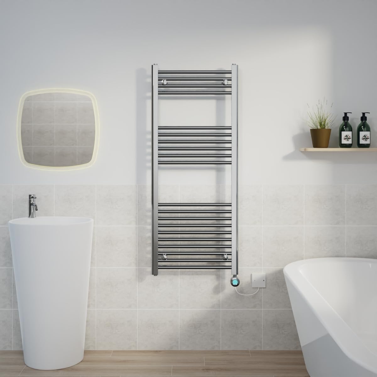 Warmehaus Chrome Prefilled Electric Thermostatic Heated Towel Rail Bathroom Ladder Radiator Straight With 600W Lcd Display Timer Electric Heating Element 1200X500mm