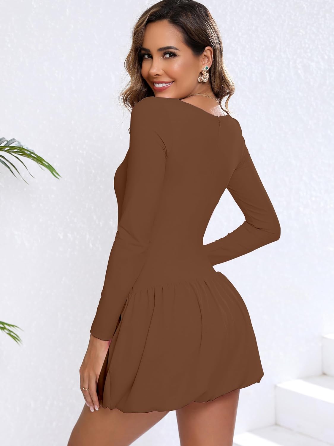 cailami Women's Long Sleeve Corset Square Neck Bubble Mini Dress Cute Cocktail Party Short Dresses - Image 2