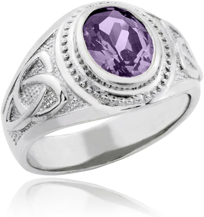 Men's 925 Silver Trinity Knot Band February Birthstone CZ Celtic Cross Ring