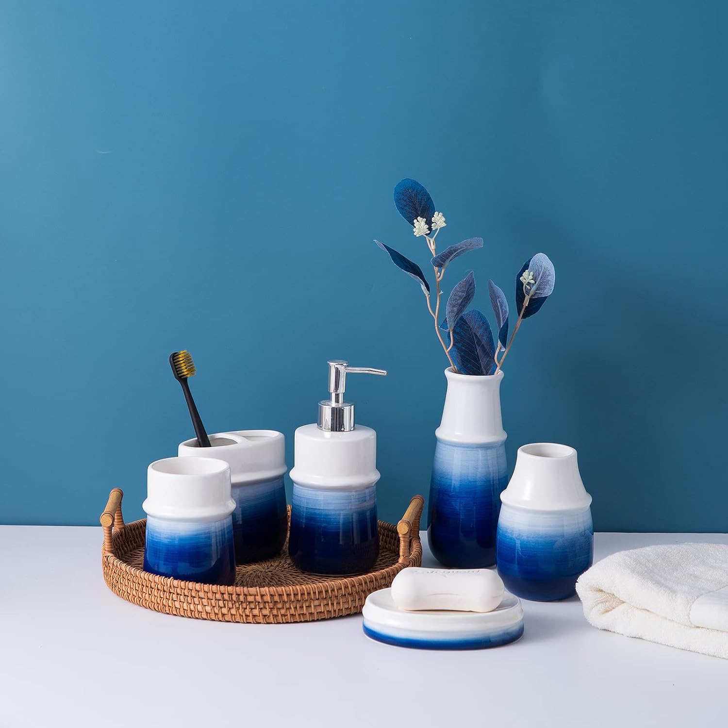 Pampas Grass Vase, Modern Farmhouse Decor,Blue Ceramic Vase for Home Decor Decorative Vase Boho Pottery Small Vase for Flowers Rustic Flower Vase for Centerpieces Pampas Grass,Navy Blue.