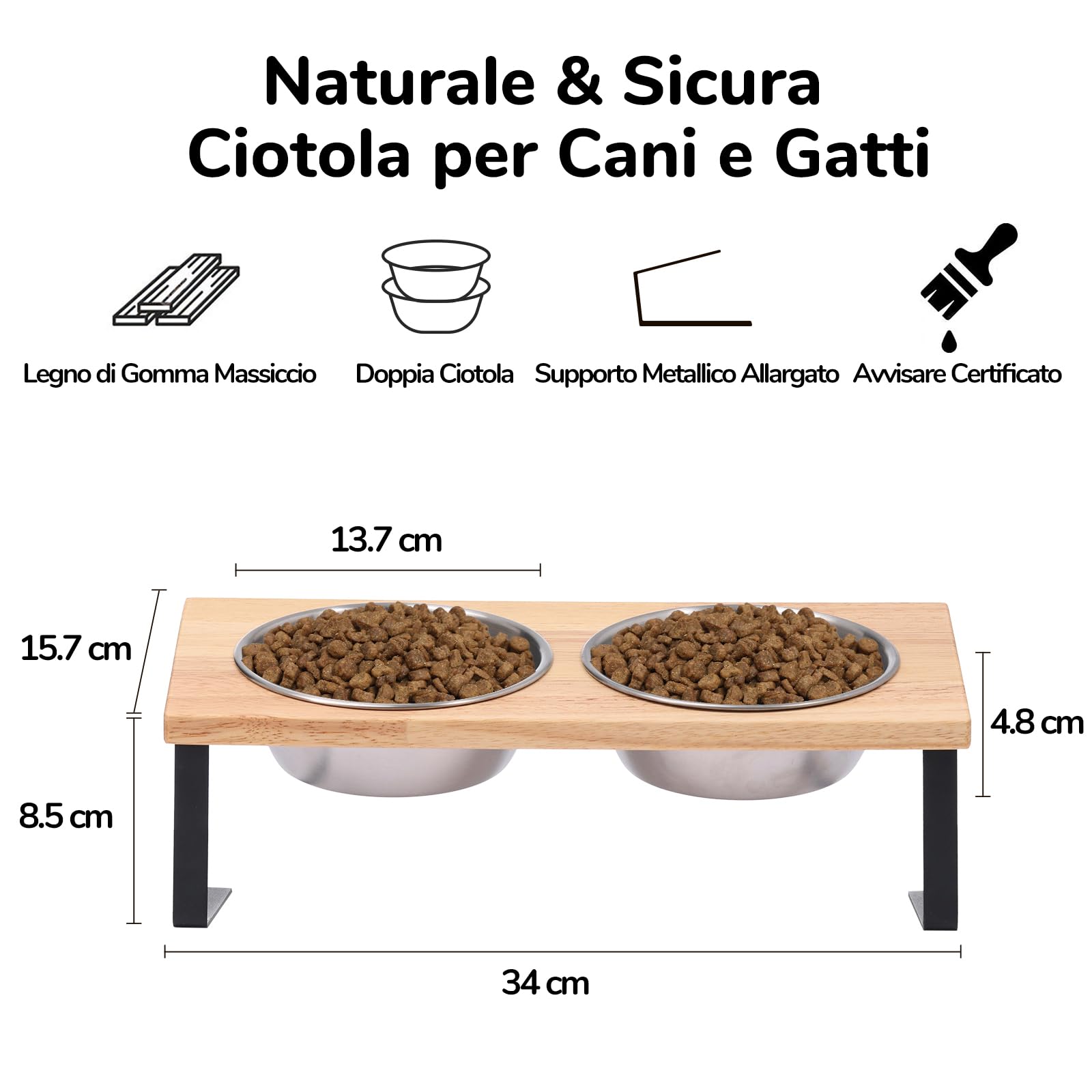 FUKUMARU 2 Pack Ciotole Per Cani e Gatti Rialzate, Ciotola Gatto Cane Doppia in Acciaio Inox Inclinato di 15°, Ciotole Per Cibo e Acqua Rialzate Con Bordo in Gomma.Per Animali Domestici.14CM