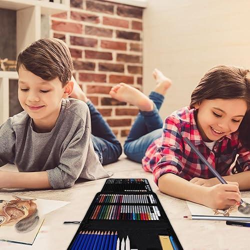 Miniatura 7 de CwhaleCblu Paquete de 82 suministros de arte de dibujo, kit de bocetos con libro de bocetos de 3 colores, grafito, carbón, acuarela y lápiz