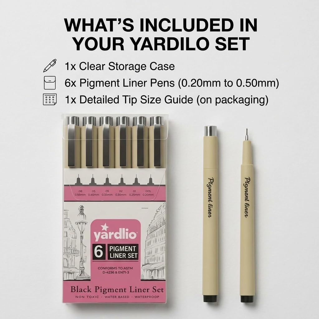 Yardlio Pen Set - 6 Fineliner Pens for Journaling, Writing, and Drawing - Nice Pens for Art, Journals, & Creative Work - Best Pens for Sketching and Journaling