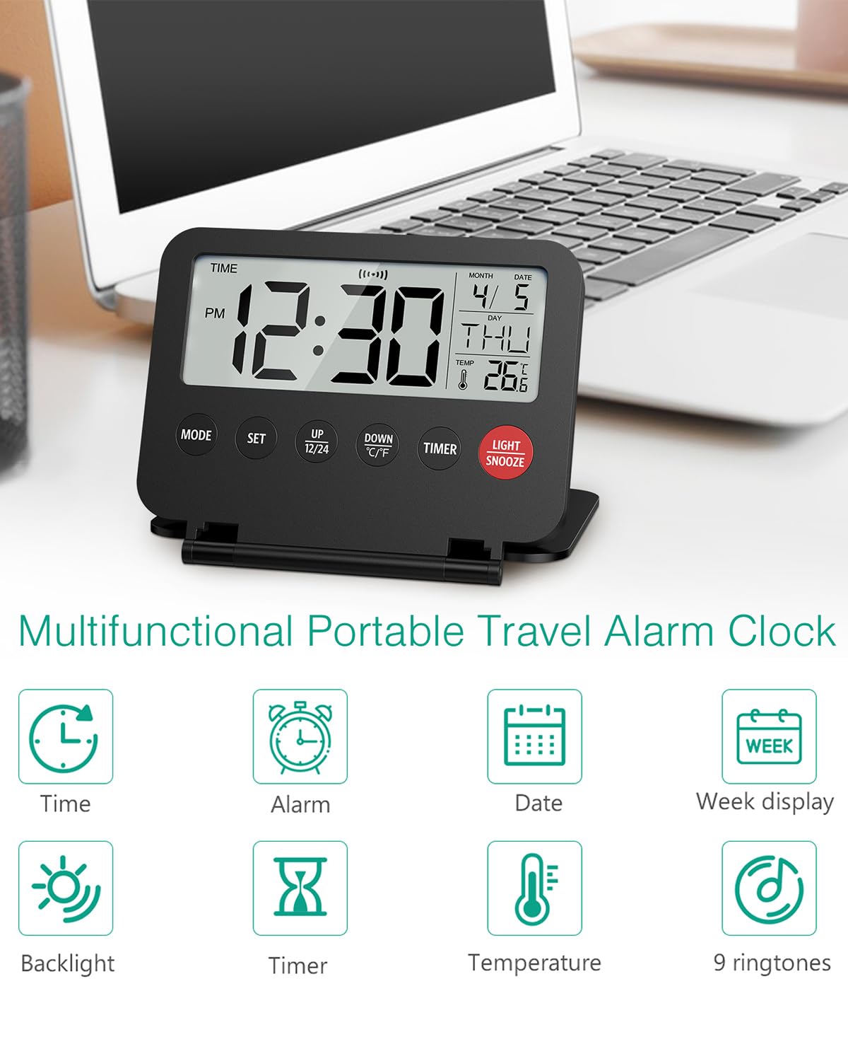 Sveglia Digitale LED ORIA Rotonda – Doppia Sveglia Con Snooze, Luminosità Regolabile (4 Livelli), Alimentazione USB/Batteria, Display Settimanale, 12/24h – Per Camera E Ufficio - 4