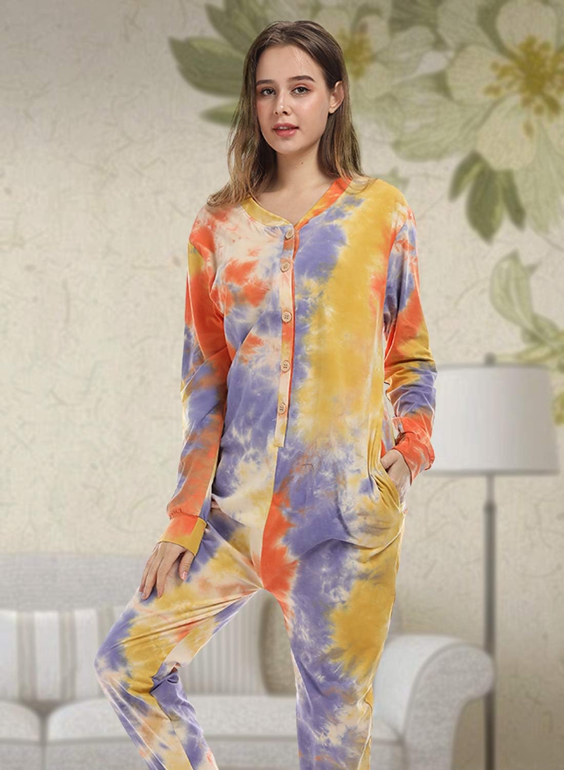 Lifeye Womens Onesie Pajamas Romper Sleepwear Set Tie Dye Long Sleeve Jumpsuit Homewear with Drop Seat Butt Flap - Image 3