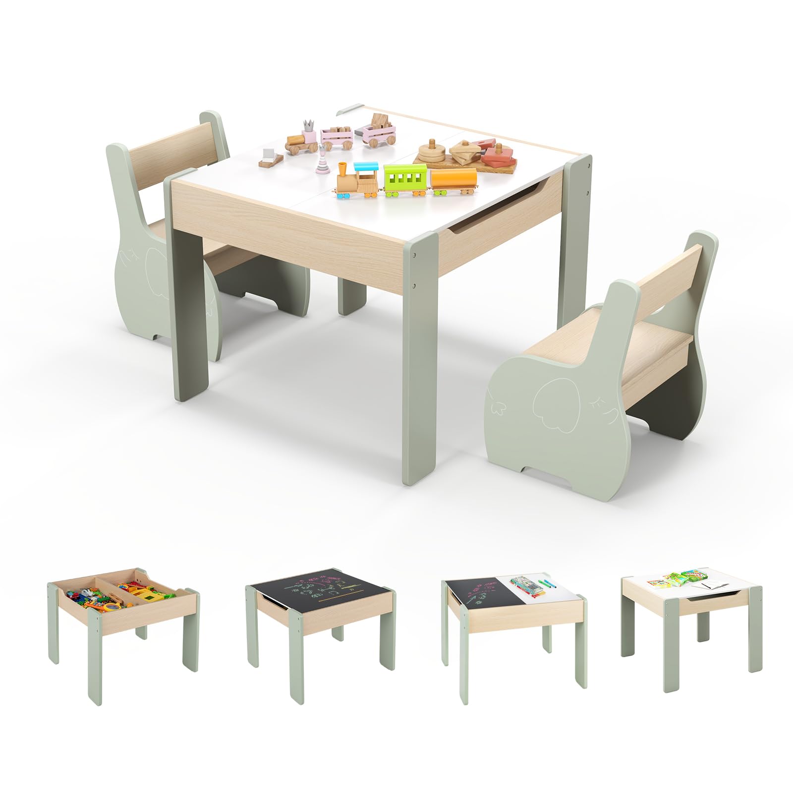 GOPLUS Table Enfant avec 2 Chaises, 4 en 1 Table d’Activité avec Plateau Rabattable à Double Face Tableau Noir/Blanc, Petit Bureau Enfant avec Rangement pour 3-6 Ans, Charge 30KG, Vert