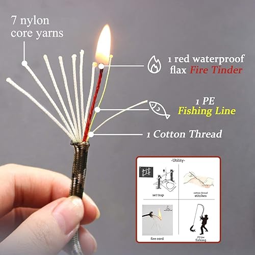 Miniatura 8 de PSKOOK Collar de iniciador de fuego, collar de paracaídas de supervivencia con pedernal y acero, collar de bushcraft para camping, senderismo y