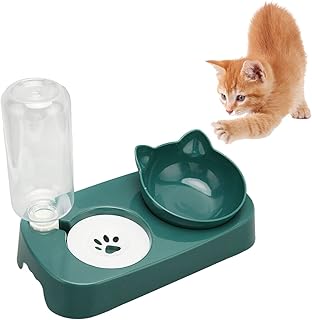Pssopp Dog Cat Bowl with Automatic Water Dispenser Bottle, Automatic Water Feeder Food Dish Set for Dogs Cats (Dark Green)