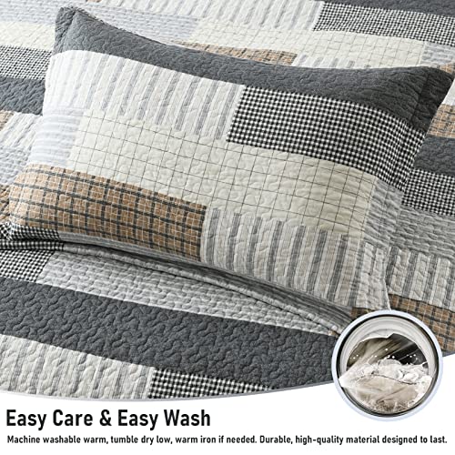 Finlonte Quilt King Size 100% Cotton King Size Quilts Grey Black Brown Bedspreads Plaid Quilts Lightweight Soft Breathable Bedding Sets For All Season, 3 Piece #TOP6