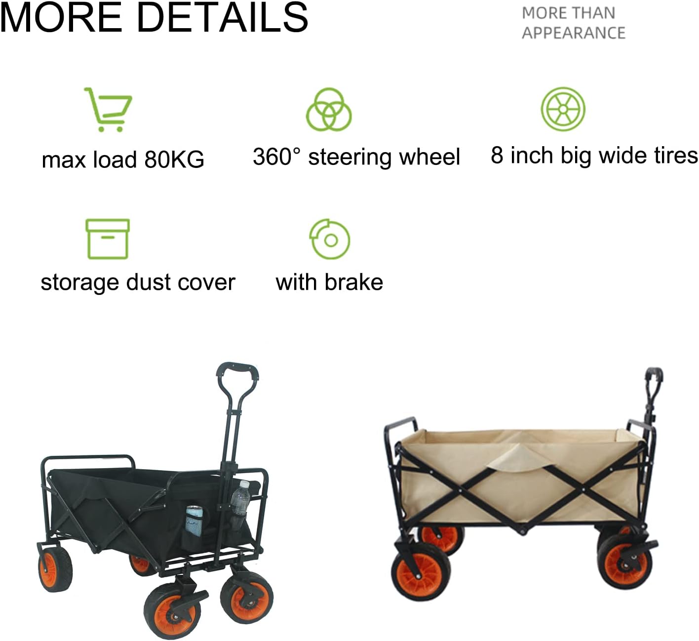 Heavy Duty Collapsible Folding Wagon - Portable Utility Cart with 360° Swivel Wheels for Outdoor Camping, Beach, Grocery - 176lbs Capacity - Black Garden Cart