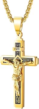 Cross for Car Pendant Charm Rear View Mirror Stainless Steel Crucifix Necklace Adult Men Jesus Cross Charm Auto Truck Car Hanging Accessories Ornament Christian Gift gold
