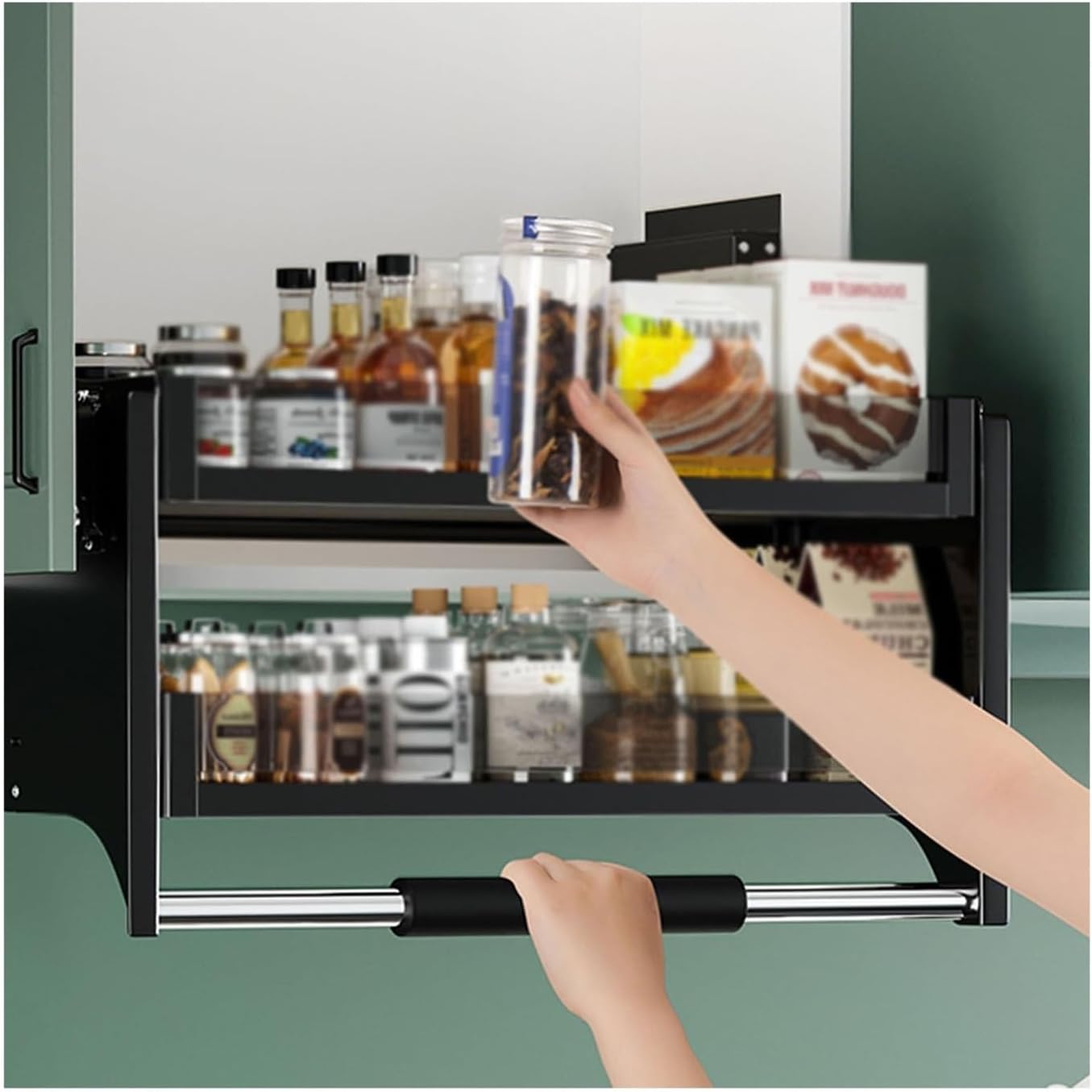 Heavy-Duty Upper Kitchen Cabinet Storage Shelf,Pull-Down Lifting Seasoning Rack,2-Tier Wall Basket,Space Saving for Home,750mm