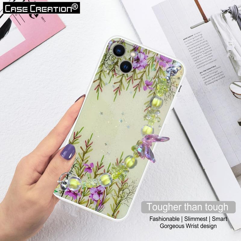 Image of COVERLY Back Cover for iPhone 12 Pro Glitter Luxury Chain Holder Case,Crystal Butterfly Flower Wrist Bracelet Pretty Strap Holder Soft Silicone Cute Full Protective Case for Apple iPhone 12 Pro