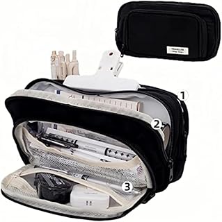 Big Capacity Pencil Case Aesthetic, Large Capacity Pencil Pouch, Kawaii Pencil Case Organizer, 3-Compartments Large Pencil Pouch, Pen Bag Pencil Box Holder Organizer for Kids Adults (Black)
