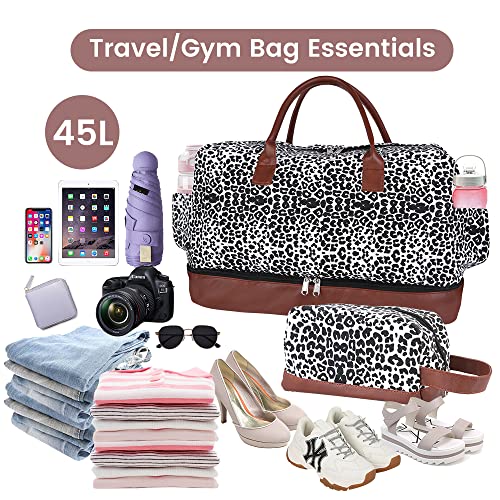 Inspack Travel Bag With Shoe Compartment For Women/Men, 45L Gym Tote Bags With Trolley Sleeve, 22X14X9 Weekender/Duffle/Carry On/Duffel/Overnight/Sports Bag（Cow Print） #TOP6