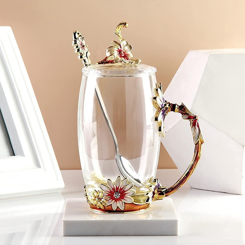 Kaffeetassen aus Glas mit Blumenmotiv, Emaille-Glasbecher, Emaille-Blumen-Teeglas, Kaffeetasse, Glasbecher, Blume mit Deckel, Glastasse für Tee, Getränk, Kaffeetasse mit handgefertigter Emaille 3D