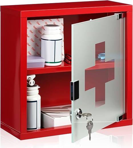Timgle First Aid Wall Cabinet with Lock Medicine Wall Mounted Bathroom Storage Hanging Medical Cabinet with Safety Glass D...