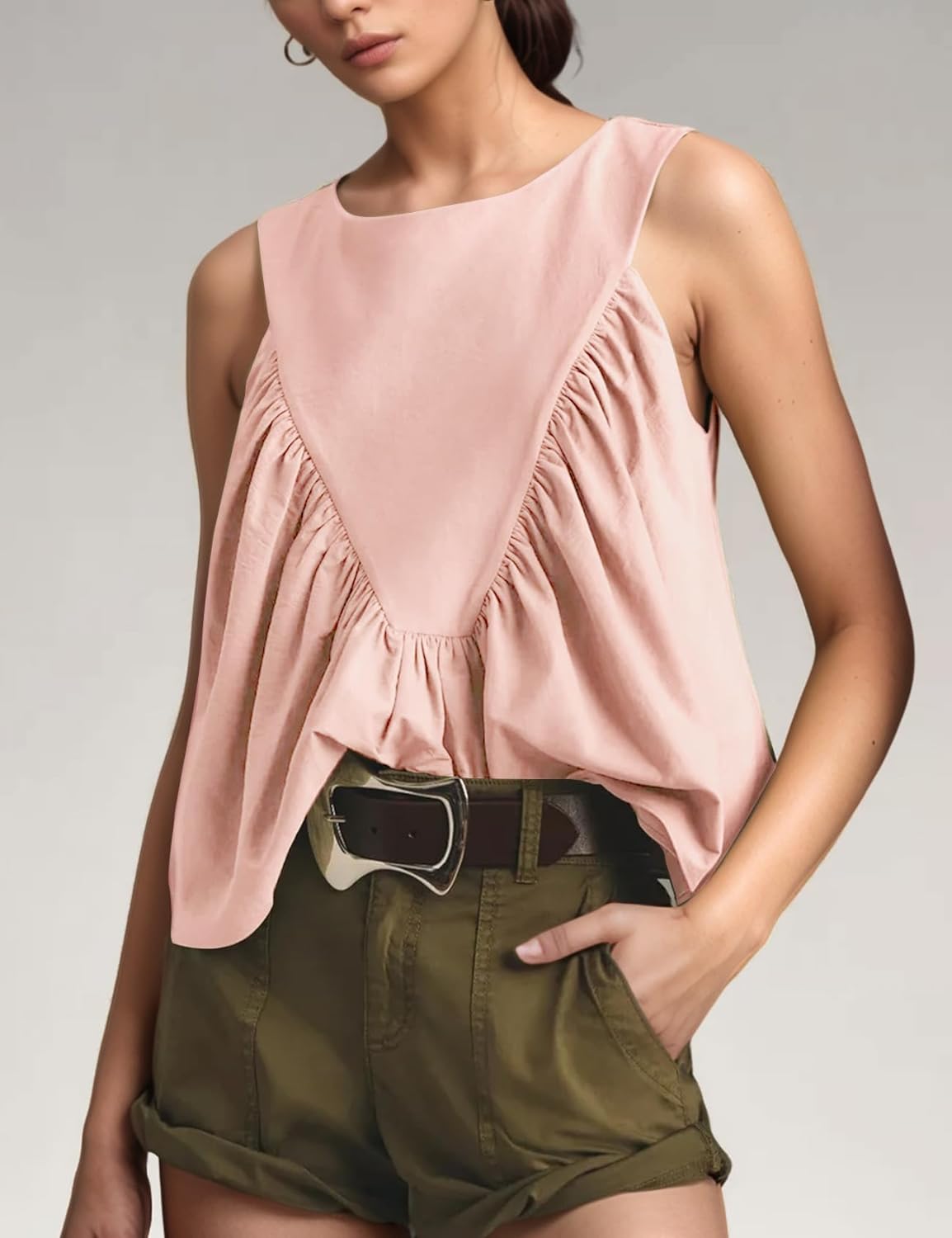 Wyeysyt Peplum Tops for Women Shirred Swing Tank Tops Pleated Flowy Vest Casual Sleeveless Blouse Loose Fit Ruffled Shirts - Image 3