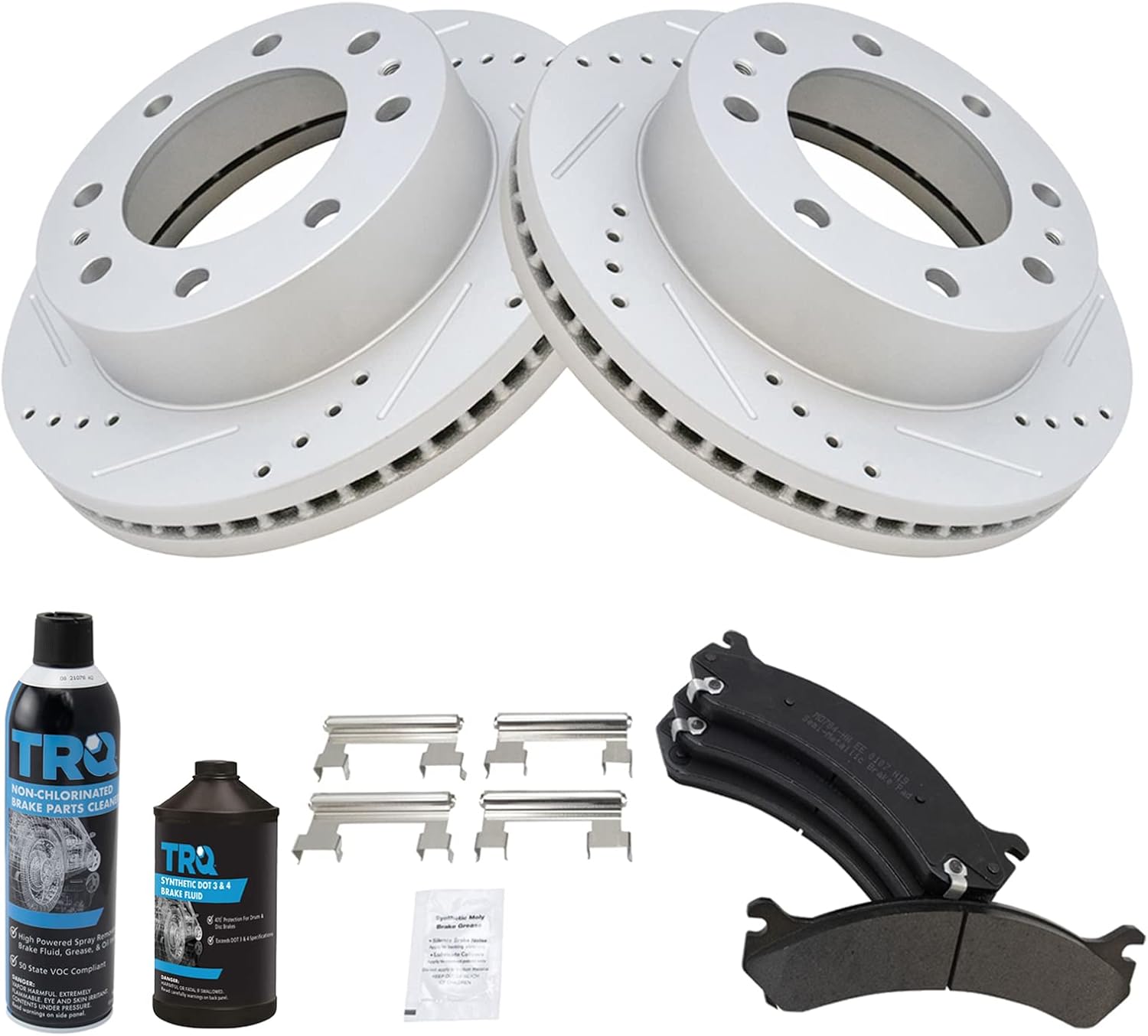 TRQ Front Brake Pad & Rotor Kit Premium G-Coated Semi-Metallic Slotted X Drilled Compatible with 00-05 Cadillac 99-21 Chevrolet GMC 03-09 Hummer