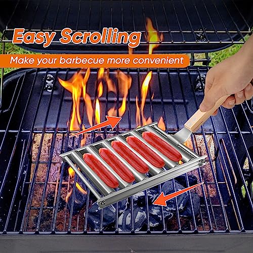 2 Pack-Hot Dog Roller for Grill, Stainless Steel Sausage Roller Grill, BBQ Hot Dog Roller Rack Evenly Cooked for 5 Hot Dog Capacity with Long Wood Handle - Thumbnail 3