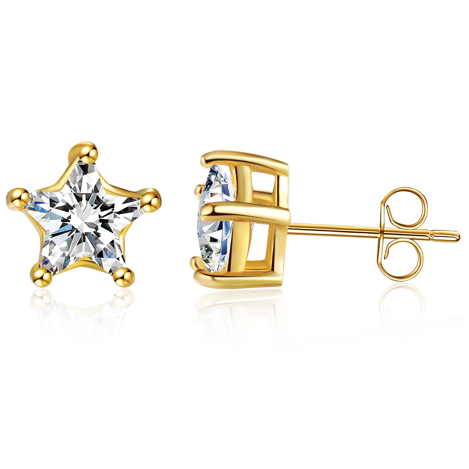 Sephla "Lucky Star" 925 Sterling Silver 5 Prong Five-Point Star Shape Cubic ZIrconia Stud Earring (5mm Yellow Gold Plated)