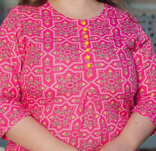Image of Akiko Women's Pure Cotton Printed Kurti Straight Fit Casual & Office Wear Short Kurta for Women 3 /4th Sleeve Ethnic Top with Round Neck
