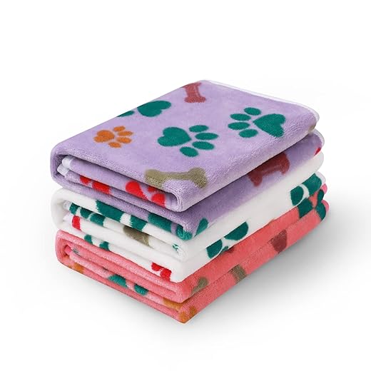 Luciphia 1 Pack 3 Blankets Fluffy Premium Fleece Pet Blanket Flannel Paw Bone Printed Throw for Dog Cat(Small 23x16'', Purple/Pink/White)