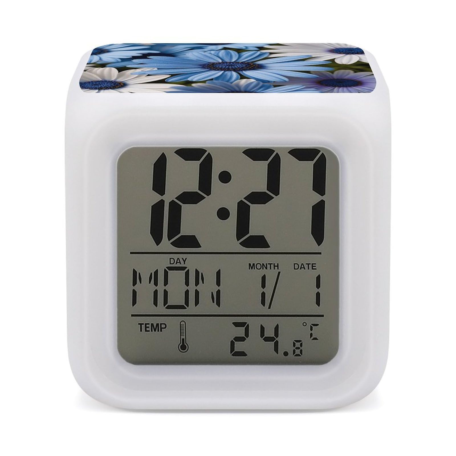 LZQPOEAS Blooming Blue Daisy Alarm Clock Desk Clock with 7 Color Changing Night Light Digital Clocks with Temperature Display Sleep Training and Sound Machine for Heavy Sleeper