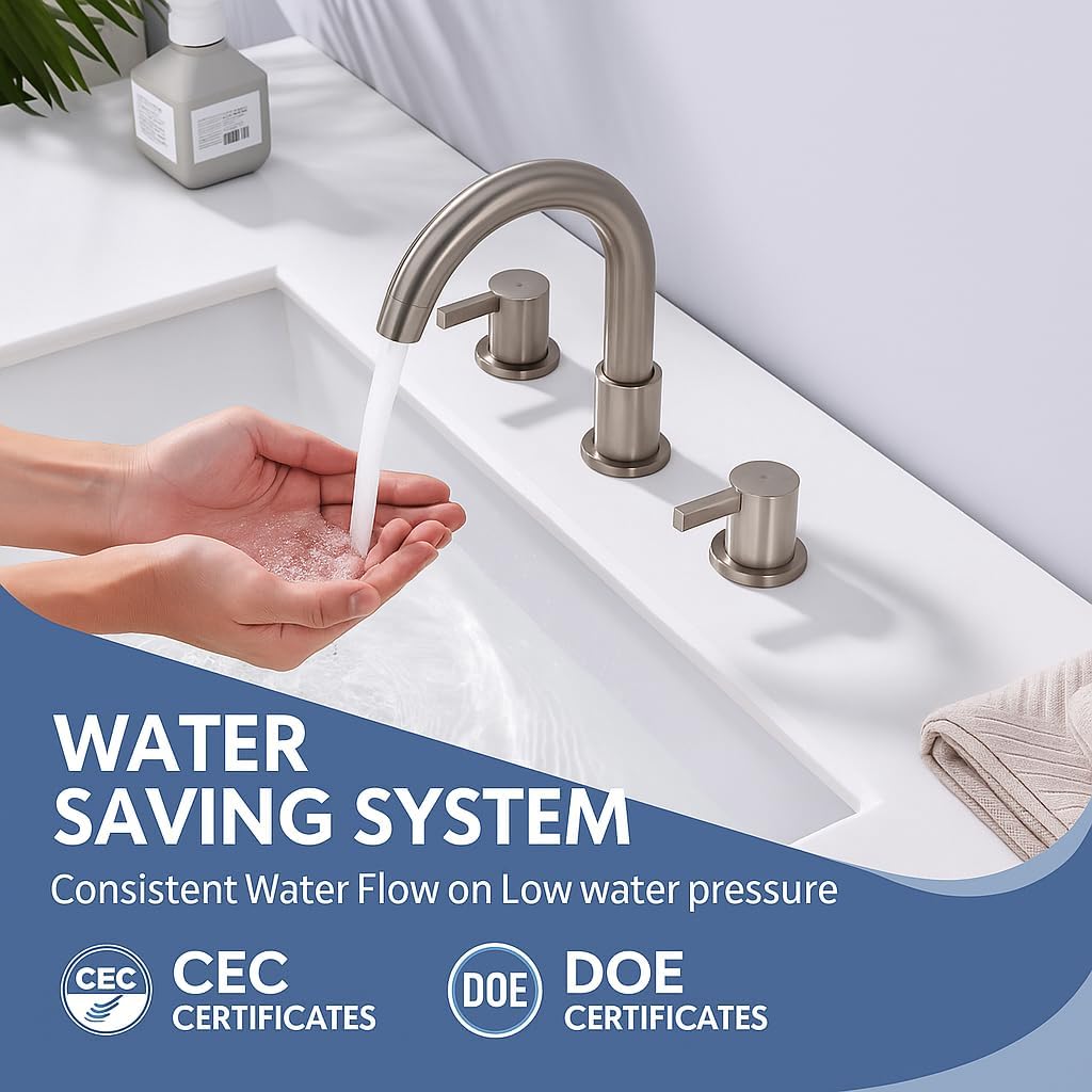 Two Handle 8inch Widespread Bathroom Faucet 3 Holes, Bathroom Sink Faucet with Metal Pop up Drain Assembly and cUPC Water Supply Lines, Brushed Nickel