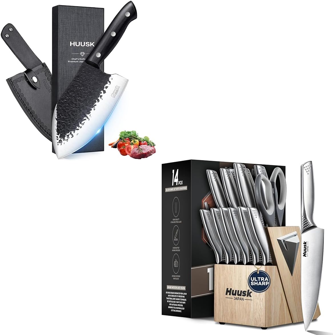 Huusk Knife Set with Block and Sharpener, Sharp Silver Professional Knives Set with Box，Heavy Duty Knife for Slicing Cutting Chopping