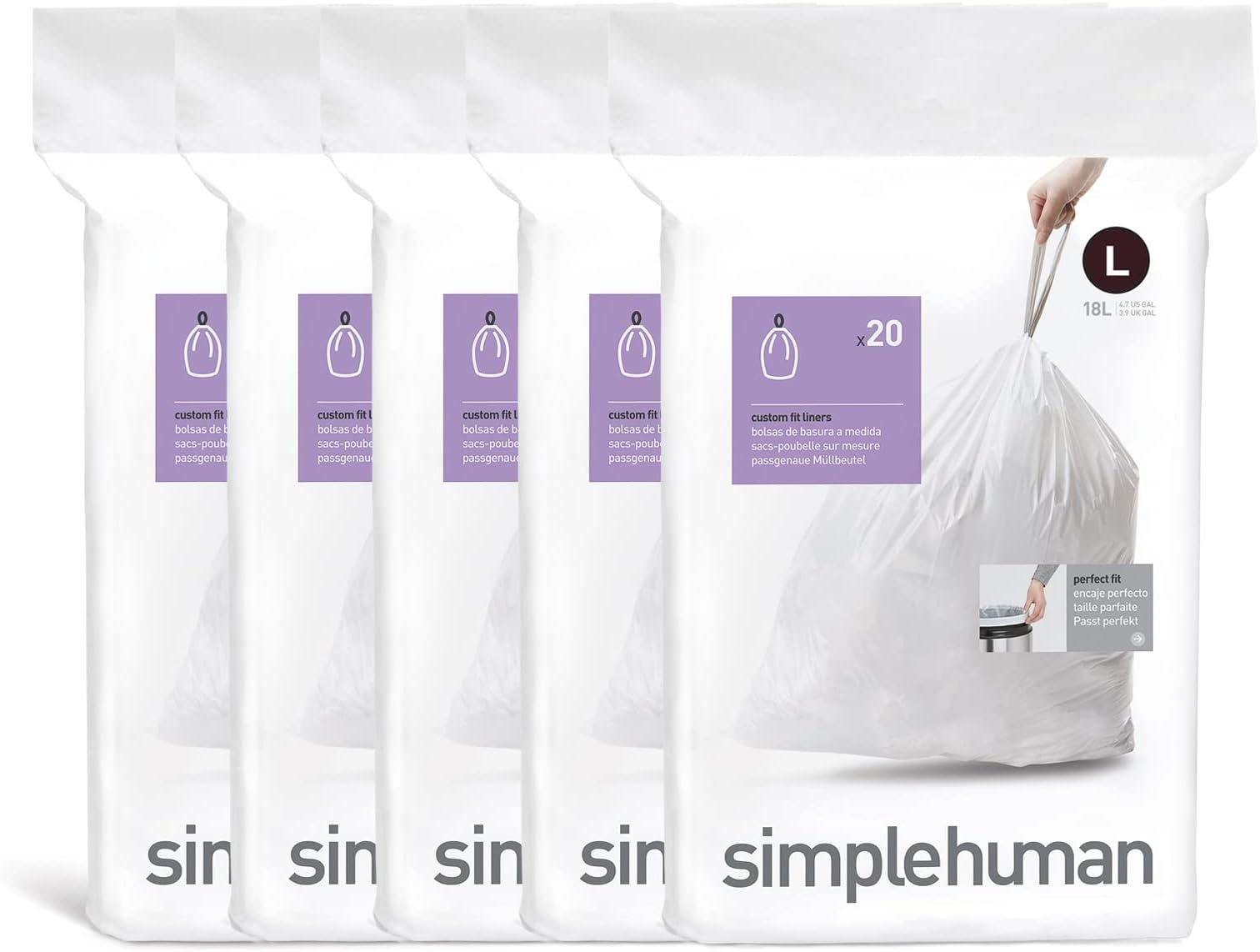 Code L 100 Liners, 50% Recycled Custom Fit Bin Bags in Dispenser Packs, Durable Drawstring Tie Handle, 18L, White