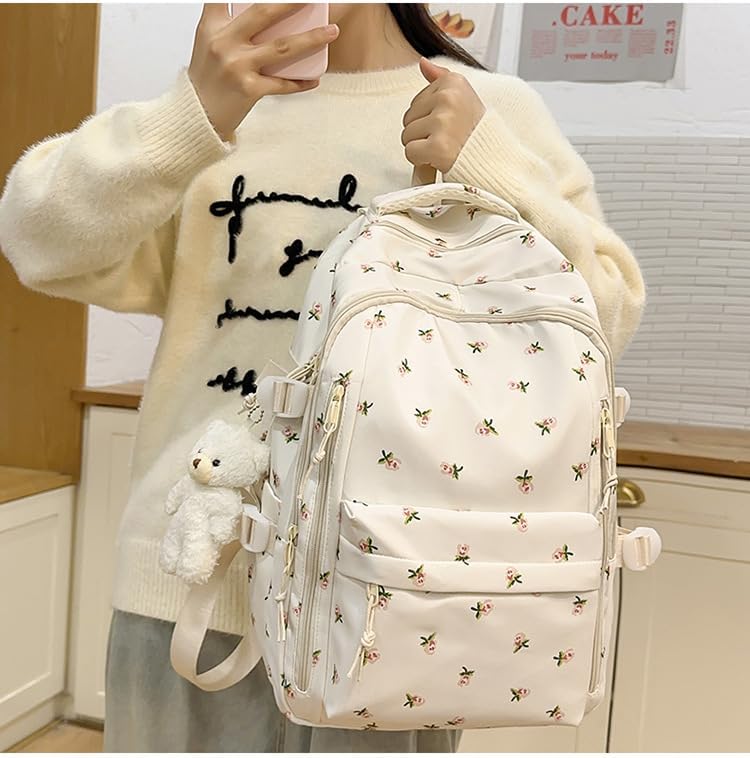 Cute Floral Printed Backpack for Women Preppy Kawaii Aesthetic Laptop Bookbag Coquette Work Travel College Daypack (Rose) - Image 2