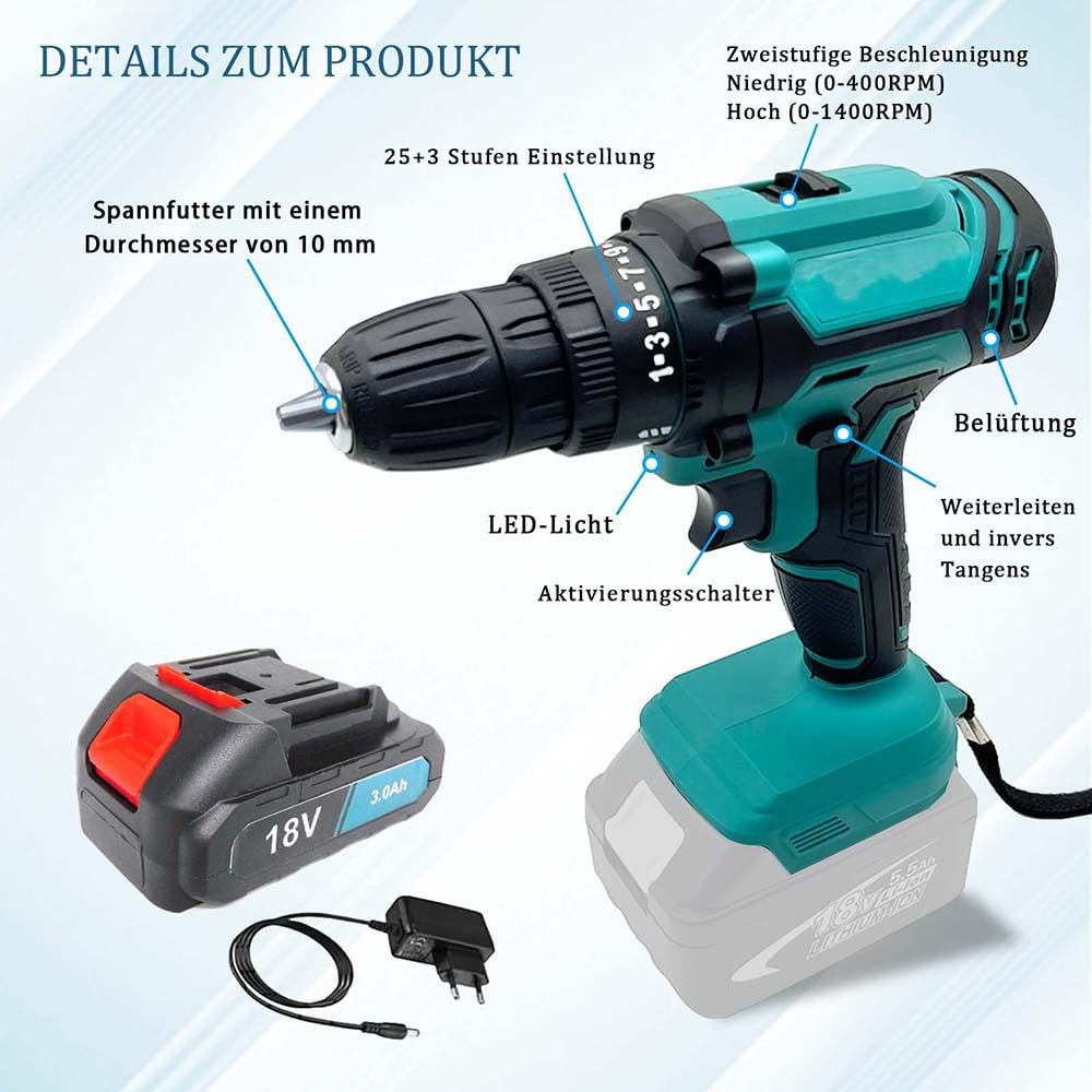 Akku Bohrschrauber 21V/18V, Ersatz für Makita 18V Akku, mit 26PCS Zubehöre,1x 3.0 Ah Akku und Ladegerät, 45 N.m, 25+1Drehmomentstufen, 2-Gang, für Haus DIY Projekt
