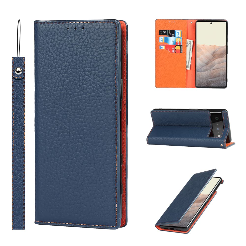 SailorTech Wallet Case for Google Pixel 6, Luxury Litchi Grain Genuine Leather Cases Cover with Wrist Strap Folio Flip Phone Case with RFID Blocking Card Holder Kickstand Dark Blue