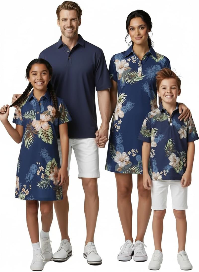 Hawaii Hangover Family Matching Tropical Polo Shirts & Polo Dresses – Pineapple Garden Navy Resort Golf Outfits