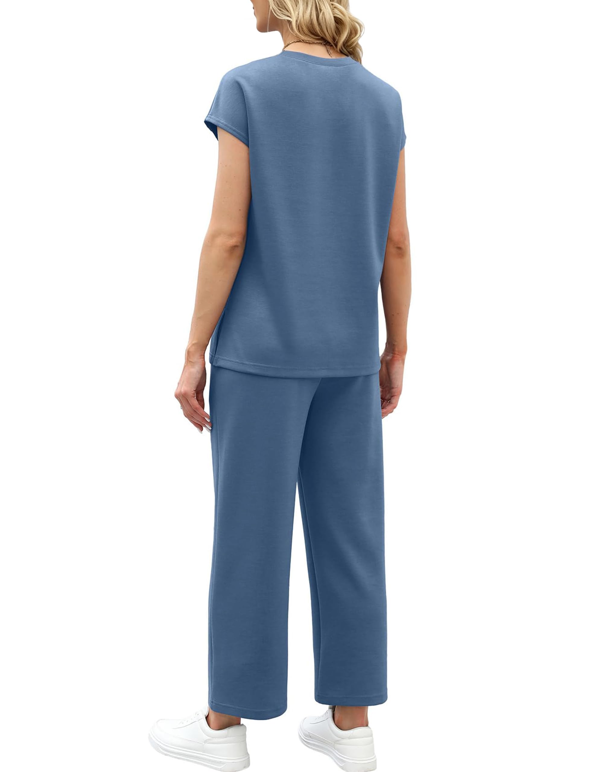 Desol Set estivo casual da donna in due pezzi, maglietta a maniche corte con arricciatura e pantaloni larghi, comoda tuta in tessuto elasticizzato per il tempo libero, l'ufficio e le vacanze