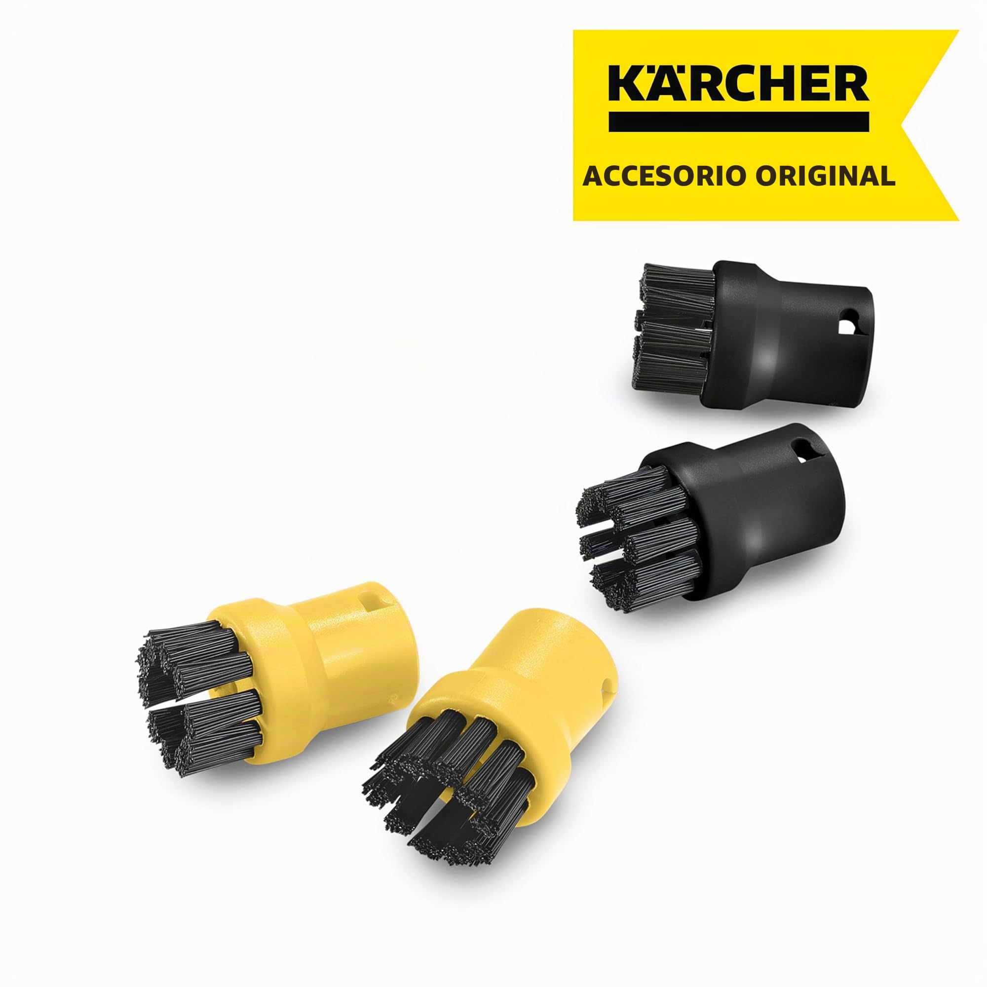 Kärcher Kit de cepillos redondos, contiene dos cepillos negros y dos amarillos, perfecto para usarlos en distintos lugares, apta para limpiadoras a vapor de Kärcher