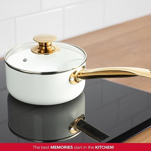 Miniatura 7 de Holstein Housewares Cacerola antiadherente de cerámica blanca de 3.5 cuartos con tapa, color dorado y mango de acero inoxidable, elegancia dorada