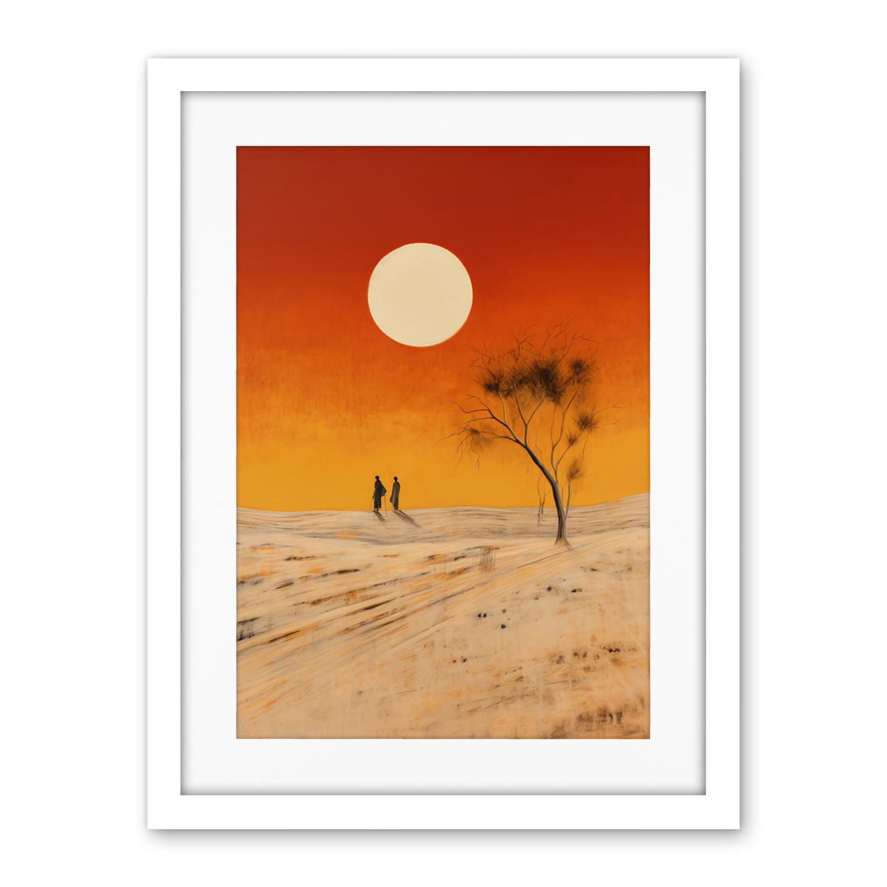 Artery8 Desert Landscape Sunset Sun Oil Painting Amber Orange Yellow Windswept Dunes Artwork Framed Wall Art Print 18X24 Inch