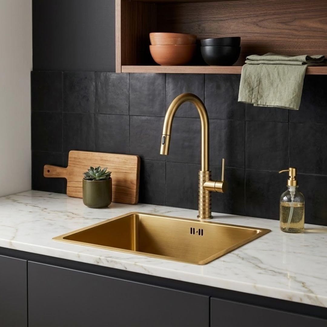 Essebagno Inoxa 1 fregadero solo acero inoxidable 54x44 oro cepillado