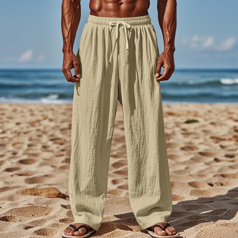 Men's Casual Linen Pants Loose Fit Drawstring Waist Pant Summer Lightweight Linen Yoga Beach Long Trousers3