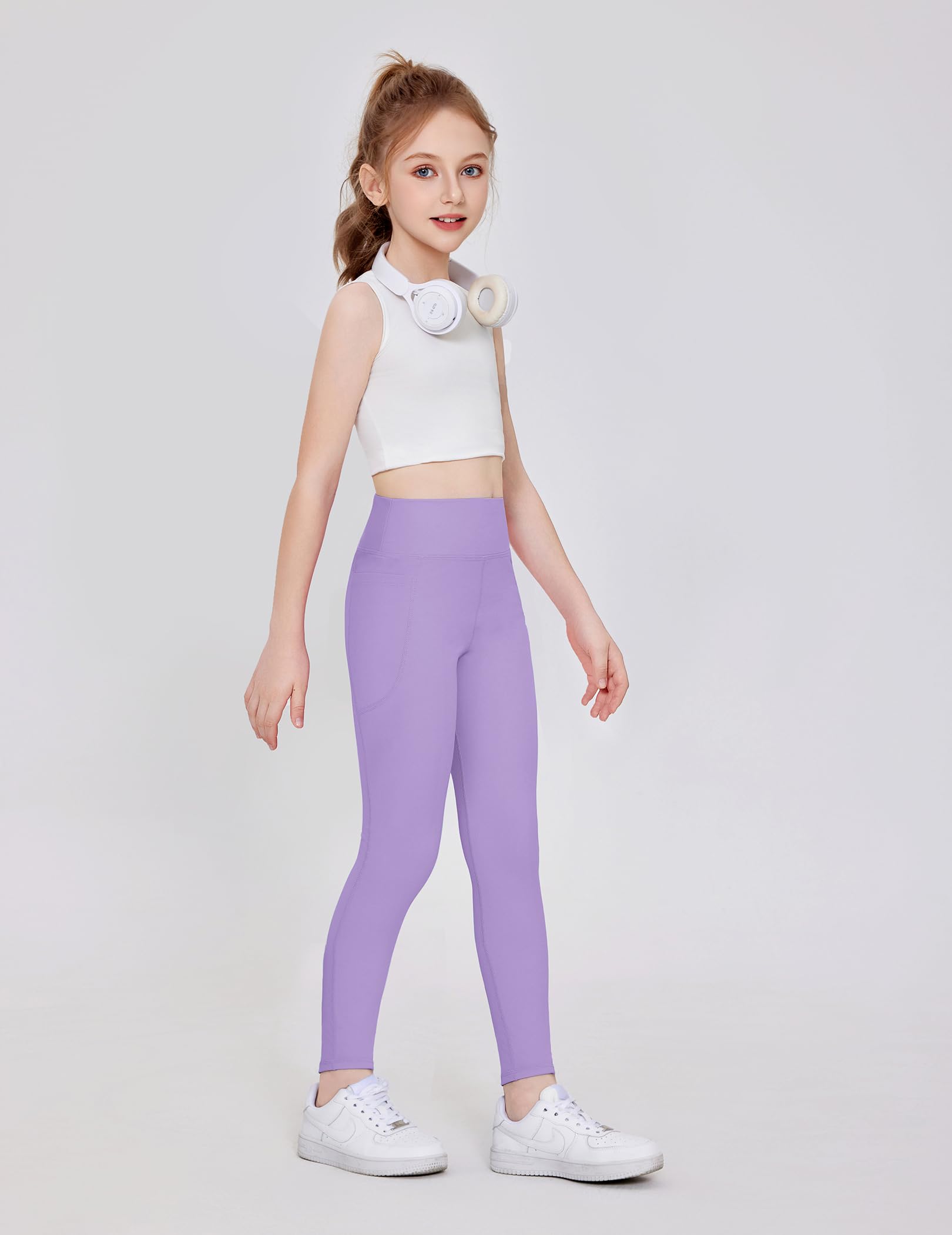 Arshiner Mädchen Leggings Kinder Lang Sportleggins Einfarbig Hohe Taille Sporthose Basic Elastisch Leggings Jogging Training Yoga Hosen mit Taschen 5-14 Jahre - 4