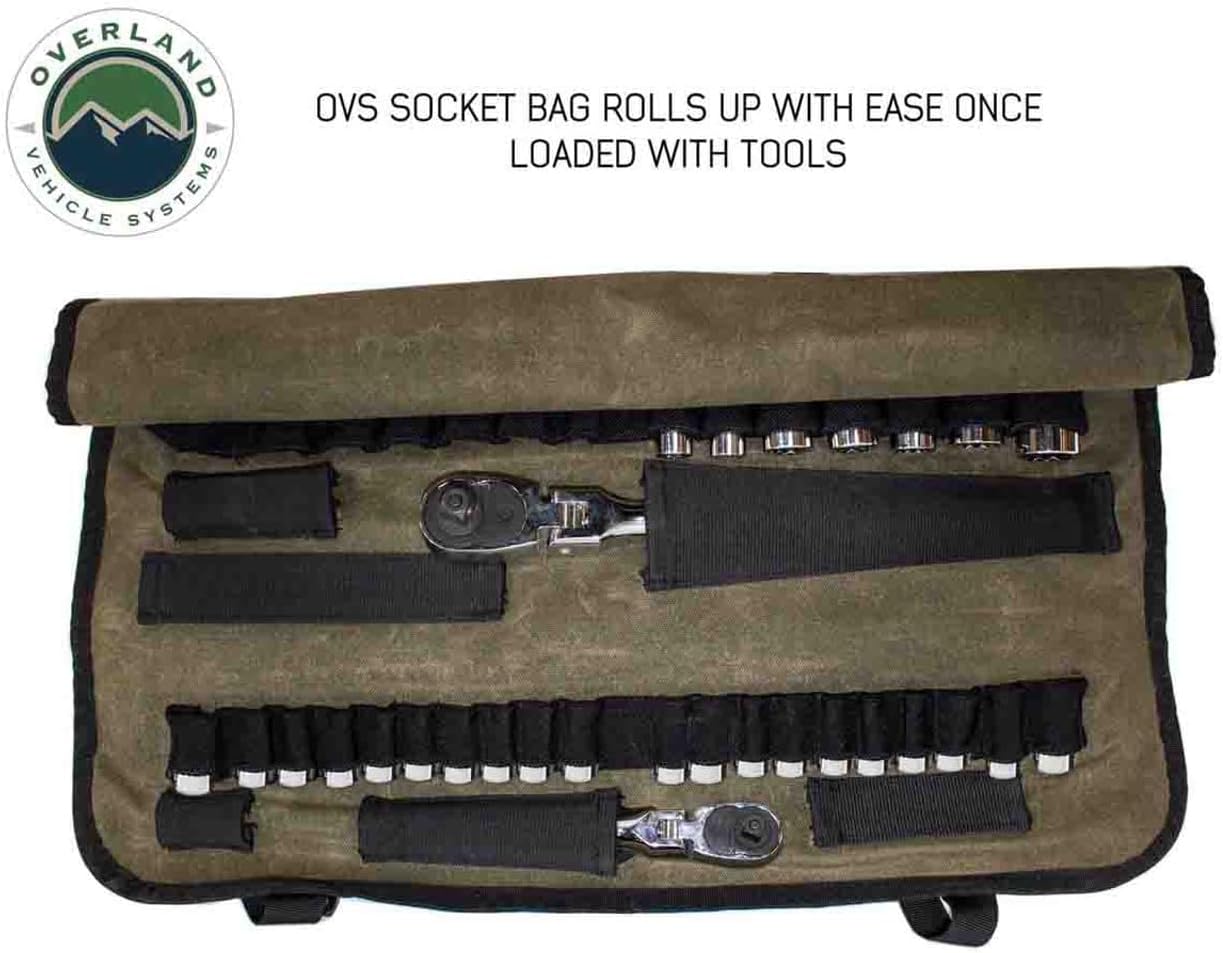 Overland Vehicle Systems Rolled Socket Organizer Storage Bag - #16 Premium Waxed Canvas - Storage for 50 sockets and 10 extra storage pockets for Ratchets