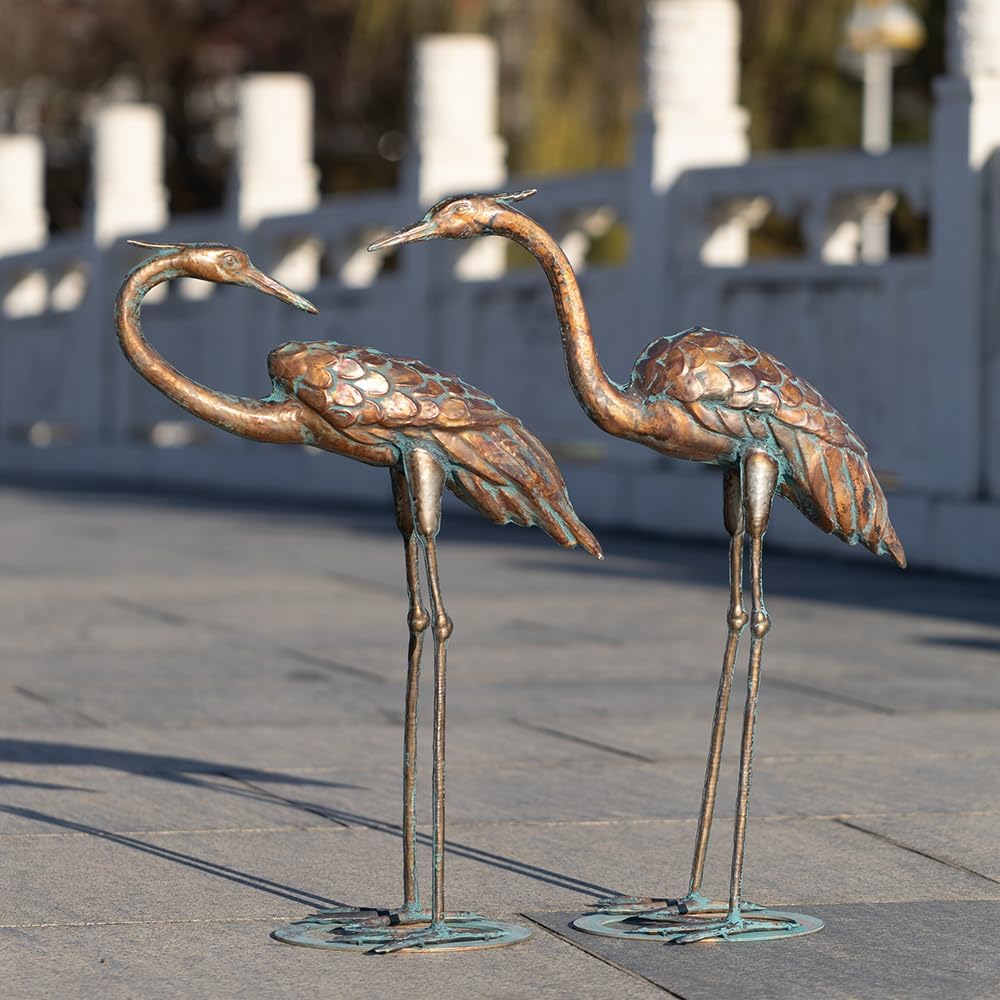 Metal Crane Garden Statues for Outdoor, Stainless Steel Antique Patina Standing Blue Heron Decoy, Large Sandhill Cranes Sculptures for Yard and Garden, Bird Yard Art for Patio Lawn Backyard Pond
