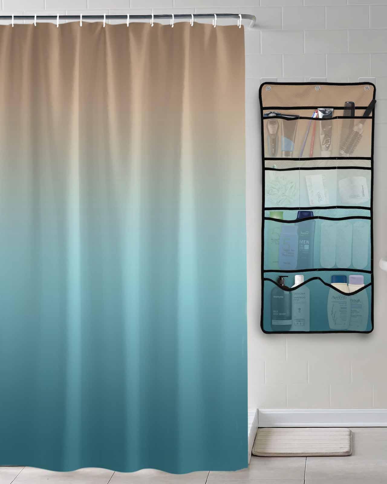 Shower Curtain Mesh Shower Organizer Hanging Set Teal Green and Brown Gradient Waterproof Shower Curtains with 10 Pockets