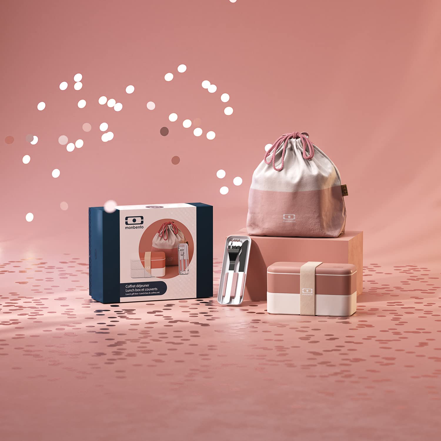 monbento - Scatola Regalo Pranzo - Con Bento Box MB Original Moka Made in France, Borsa MB Pochette L Natural, Set di Posate MB Slim Box Moka - Rosa - Idea Regalo Originale