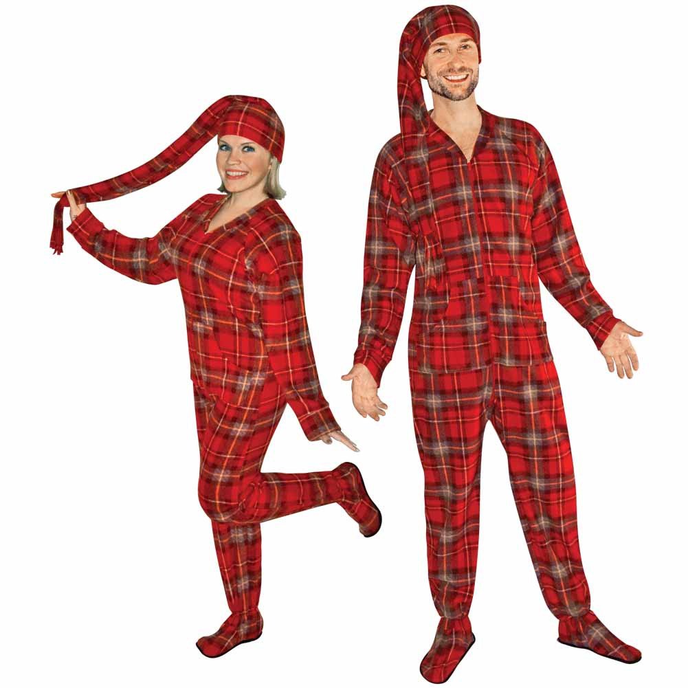 Red Plaid Fleece Adult Footed Pajamas with Drop Seat and Long Night Cap