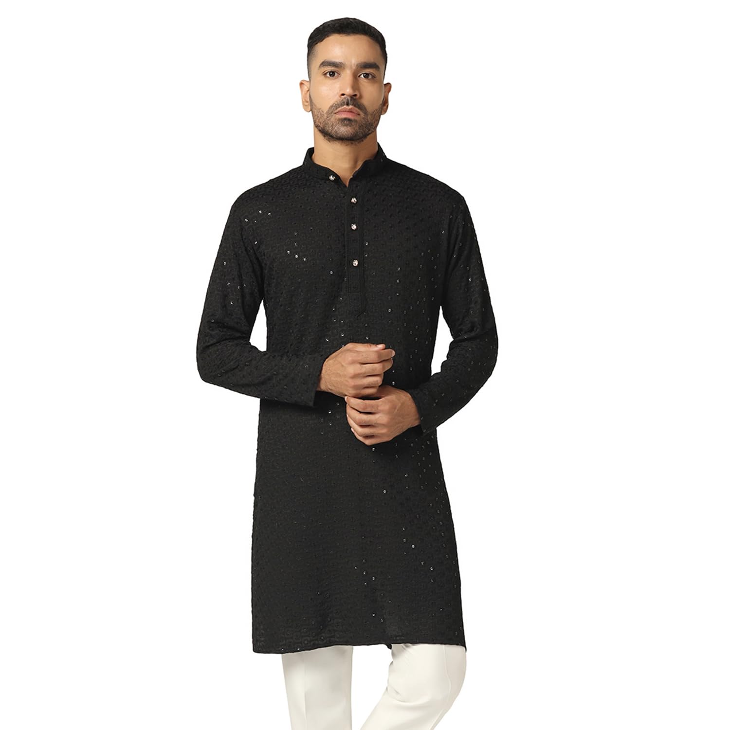 AHHAAAA Cotton Mens Tunic Shirt Ethnic Full Sequin Embroidery Mirror Work